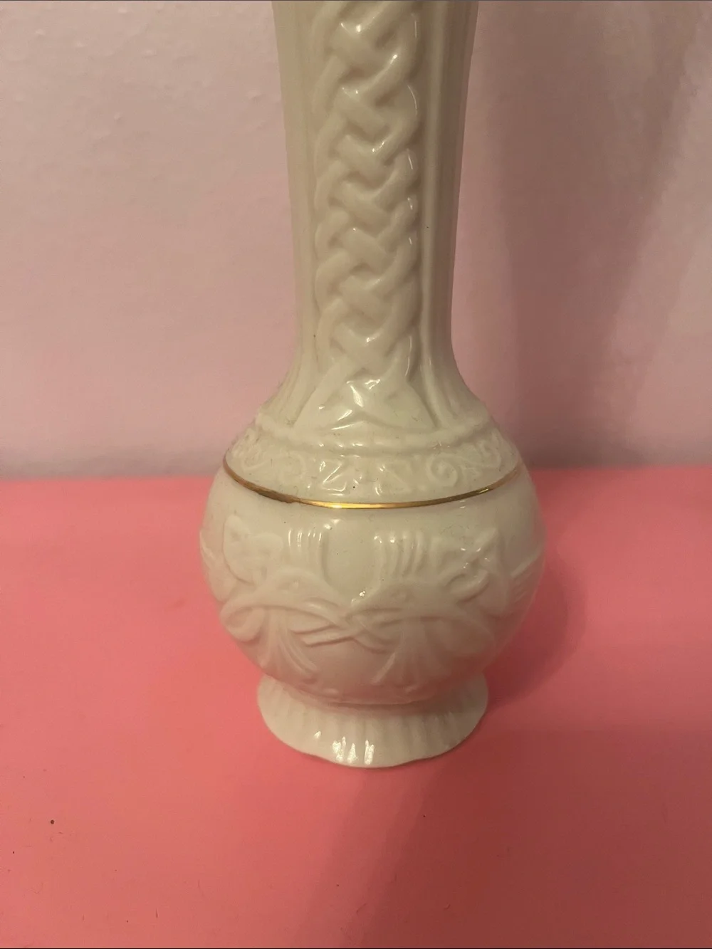 Belleek Cream Ceramic Bud Vase with Gold Trim